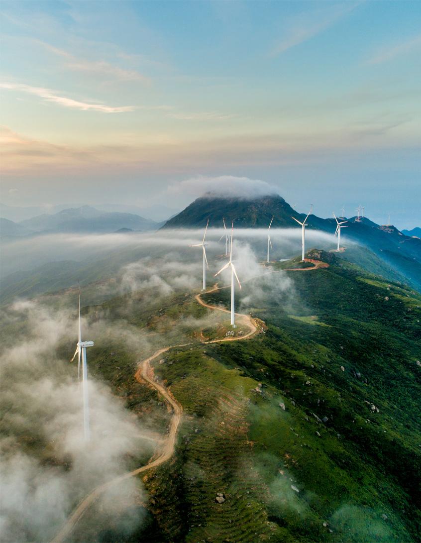 Mountain with vegetation, wind turbines and fog.