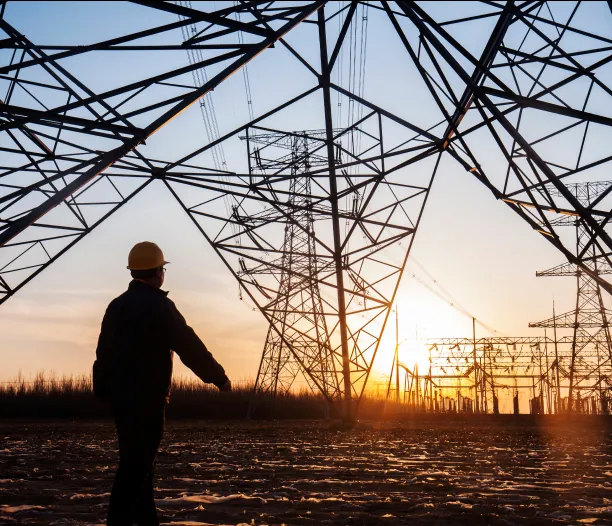 Operario debajo de un tendido eléctrico al atardecer