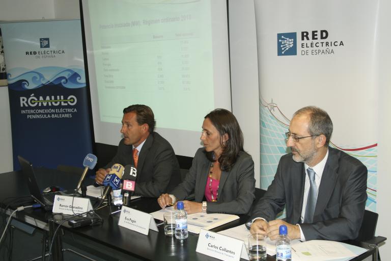 De izquierda a derecha, Ramón Granadino, director de Red Eléctrica en Baleares; Eva Pagán, directora de Mantenimiento de Instalaciones, y Carlos Collantes, director general de Transporte de la compañía.