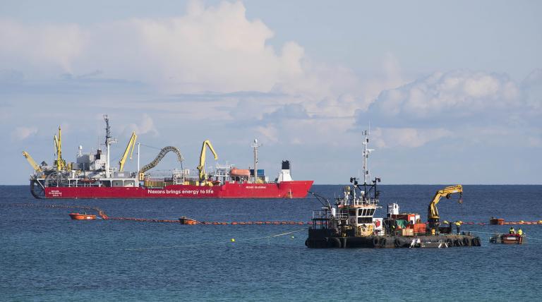 The cable laying ship ‘Skagerrak’ in Cala Mesquida (Capdepera, Majorca), where the installation of the submarine section of the cable of link that will connect the islands of Menorca and Majorca was completed.