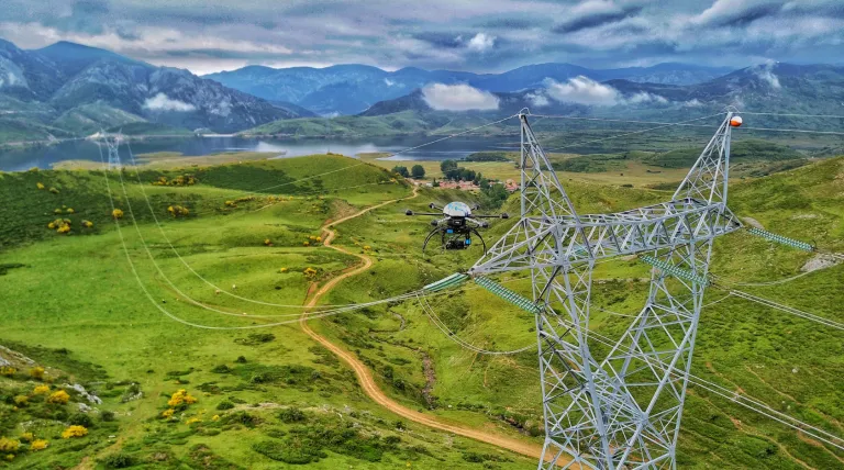 Trabajos de inspección de líneas a pie con dron