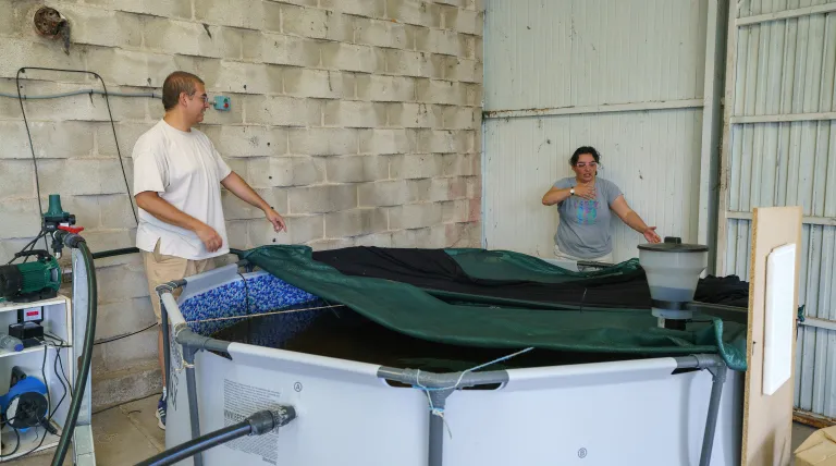 La estación de hidroponía de Alma y Pablo se nutre de un estanque con peces.