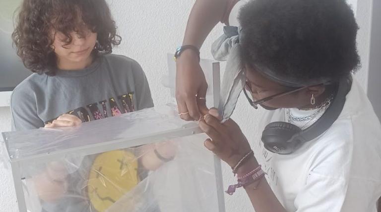 Las ganadoras del Reto ODS del C.I.F.P. Camino de la Miranda, Palencia. El equipo, 'Granjeras 2.0' trabajan en su mini granja de insectos monitorizada con Arduino. 