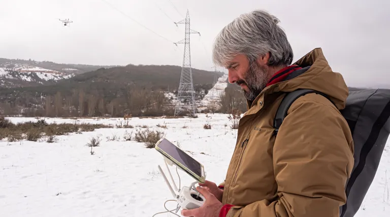 Gonzalo Villalba, from Agrovidar, with the drone under the transportation network