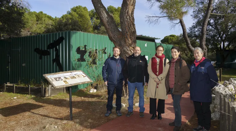 La directora de Desarrollo Sostenible de Redeia, Laura Quintana, y miembros de su equipo, con el secretario general de GREFA, Fernando Garcés, inauguran la instalación.