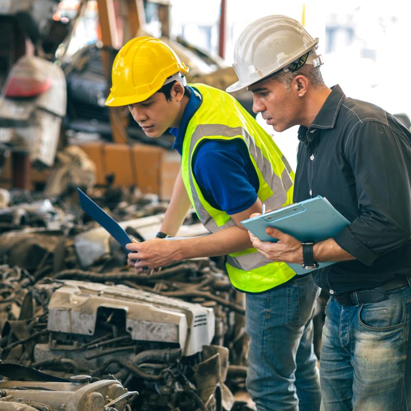 Dos hombres con casco revisando unos residuos industriales